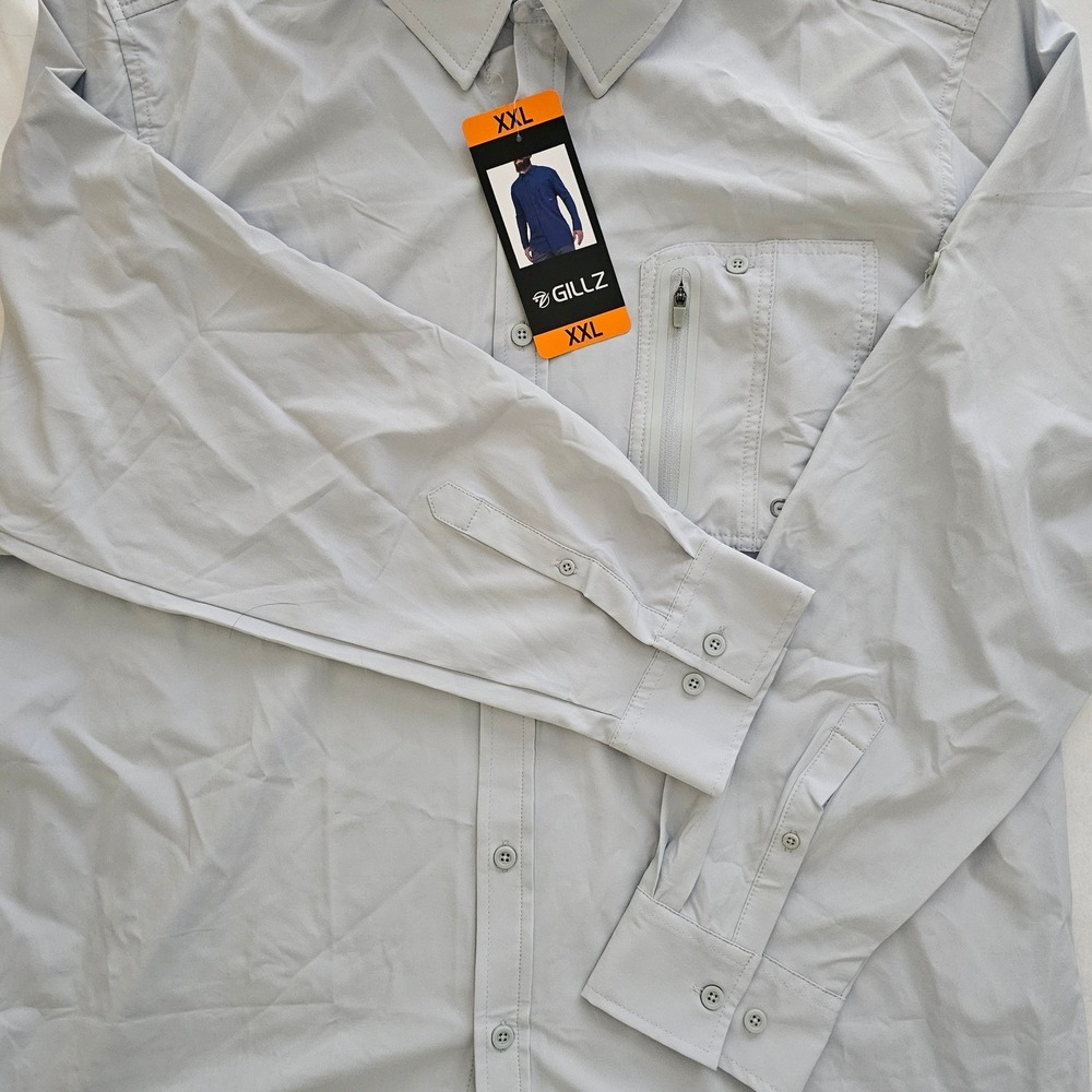 Gillz Mens XXL Light Grey‎ Performance Fishing Shirt Long Sleeve Button Down New